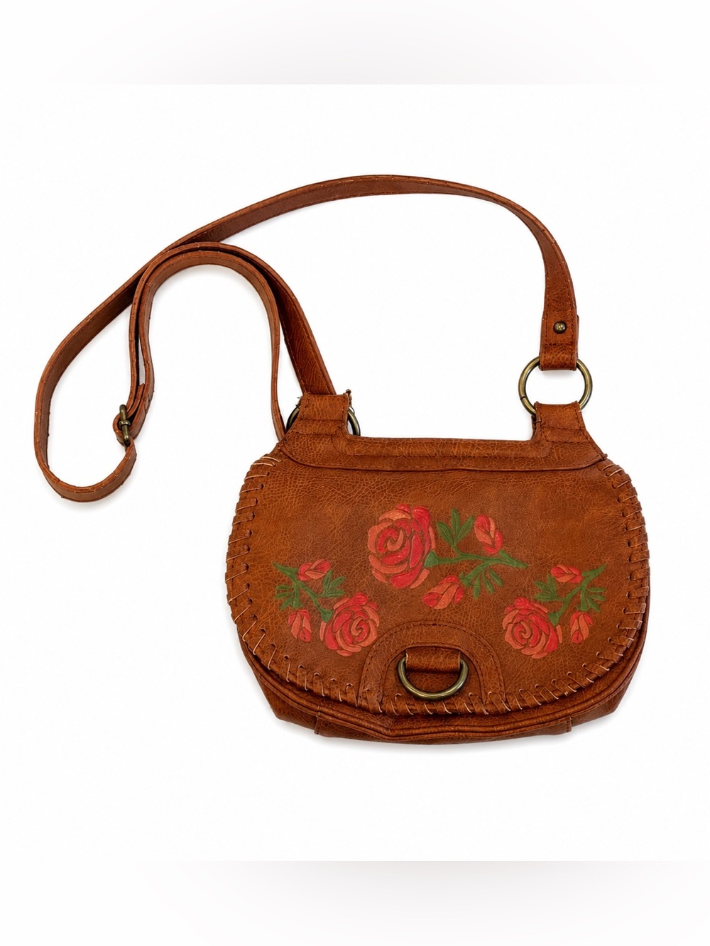 Wallflower Brown Leather Crossbody with Red Rose Embroidery